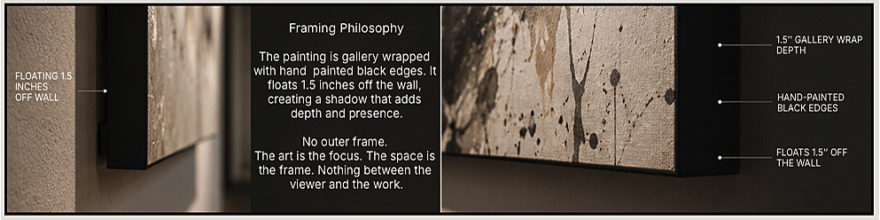 A banner the shows framing philosophy measurements, 1.5 inch thick gallery wrapped canvas as shown on a wall